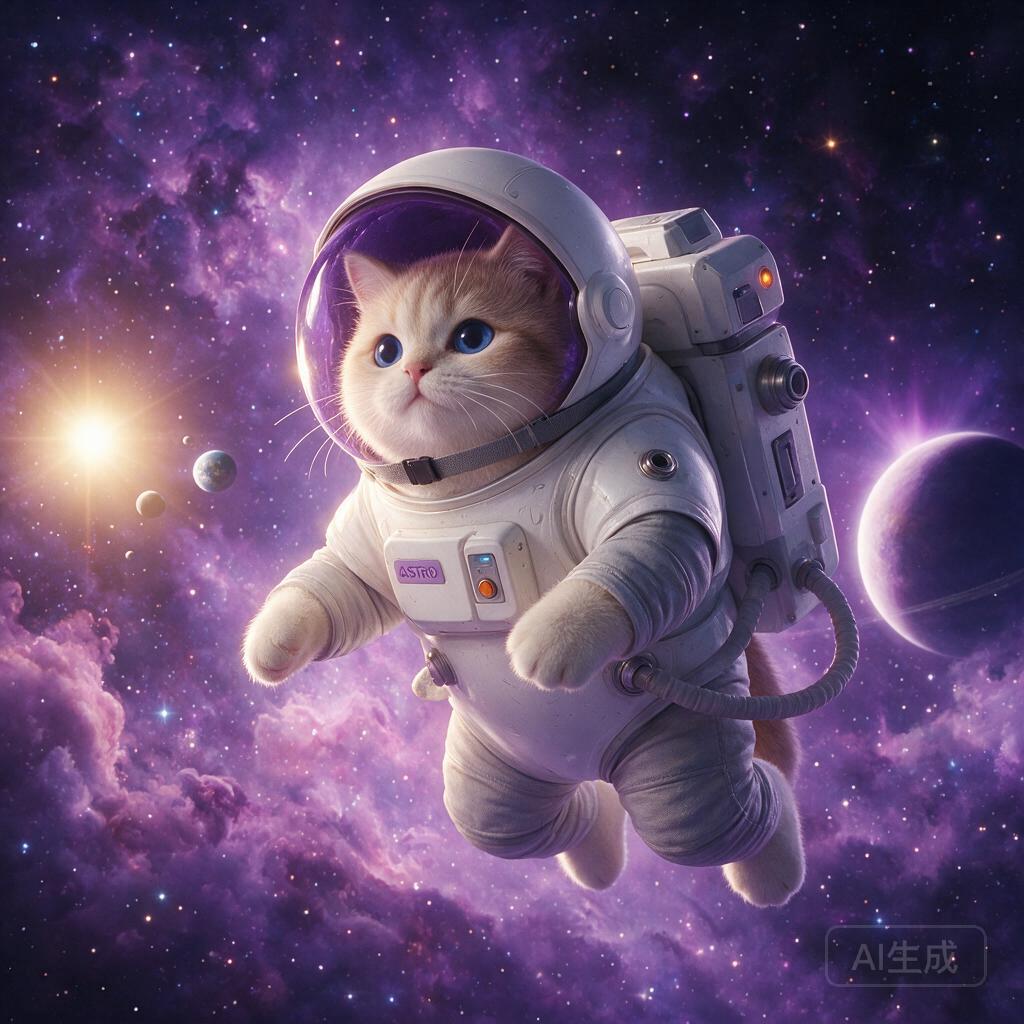 a cute astronaut cat floating in purple nebula, cinematic lighting, high detail, 4k